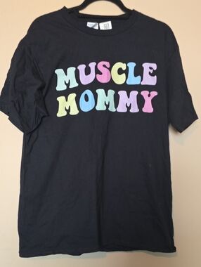 Muscle Mommy Graphic Tee - Black with Pastel Letters